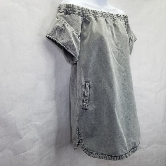 All Saints Adela Mini Dress Women's Sz 2 Denim Off The Shoulder Black Mint Grey - Picture 3 of 16